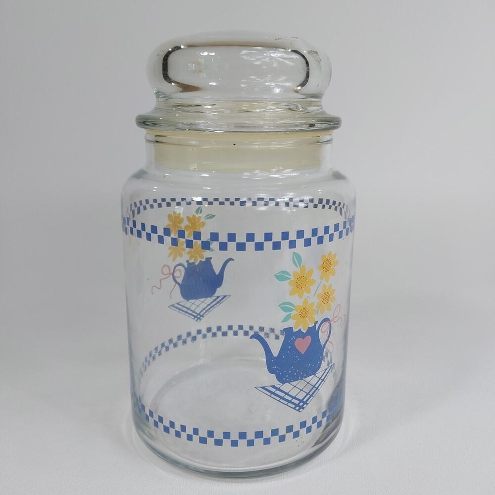 Vintage Hallmark 1986 Glass Cannister Blue Teapot Pink Heart Yellow Daisy